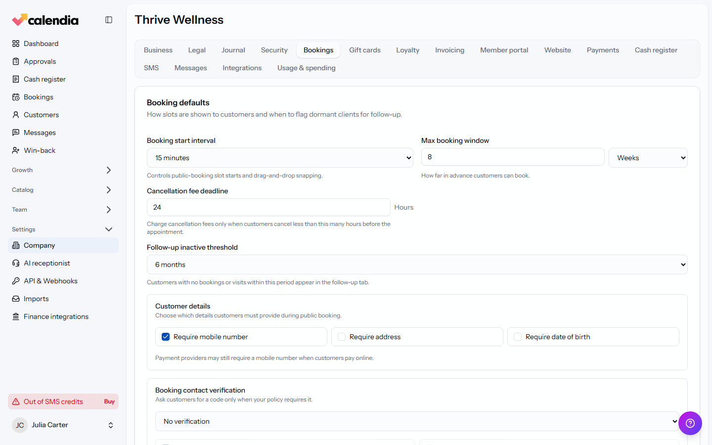 The Booking defaults card in Company settings, showing the booking interval, window and cancellation fee deadline.