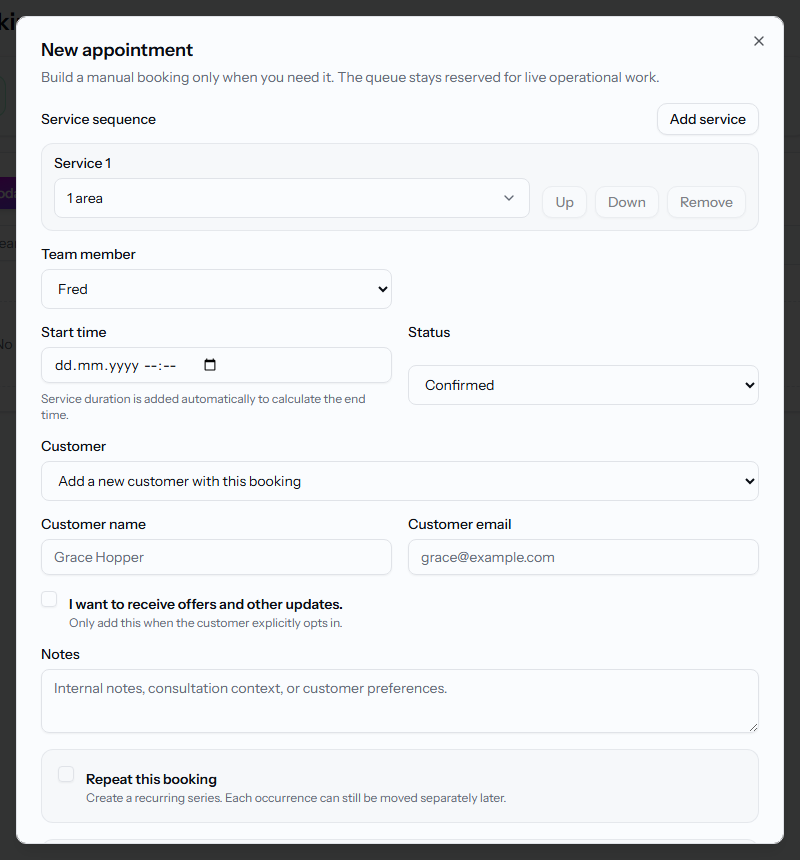 The New appointment dialog with the service, team member and customer fields.