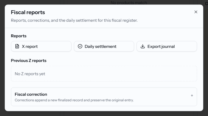 The Fiscal reports dialog with X report, Daily settlement, and Export journal buttons.