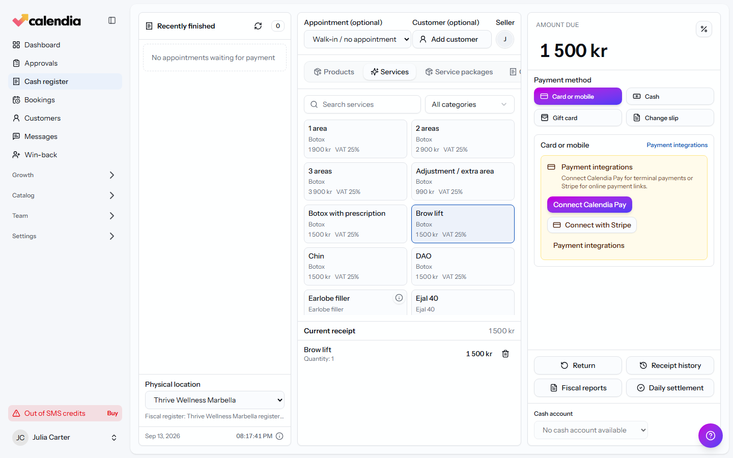 The payment method picker showing Card or mobile, Cash, Gift card, and Change slip.