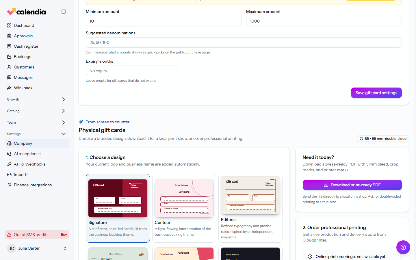 The Physical gift cards section with a print-ready PDF download.