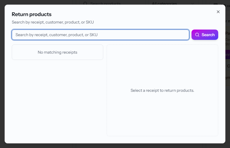 The product return dialog with a receipt selected and quantities entered.