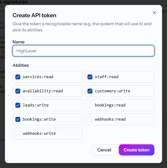 The Create API token dialog with a name and a list of ability checkboxes.