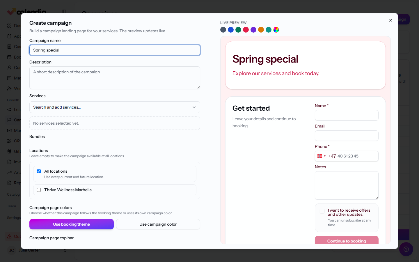 The campaign editor with services selected and a live preview of the landing page.