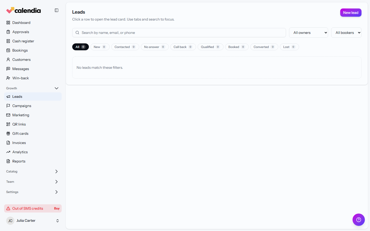 The Leads list with status and owner filters applied.