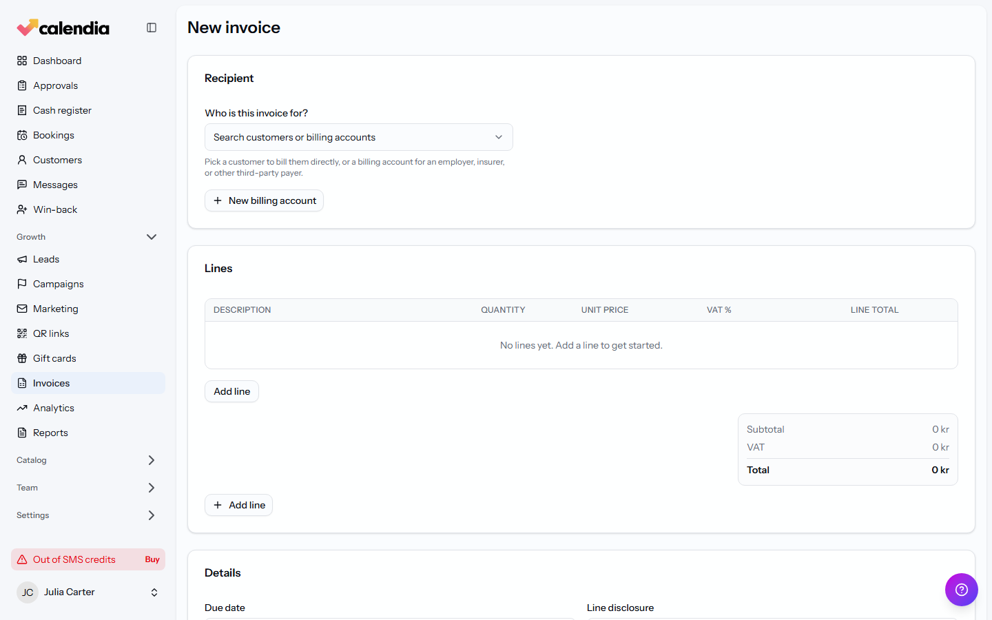 The New invoice page with a recipient chosen and lines added.
