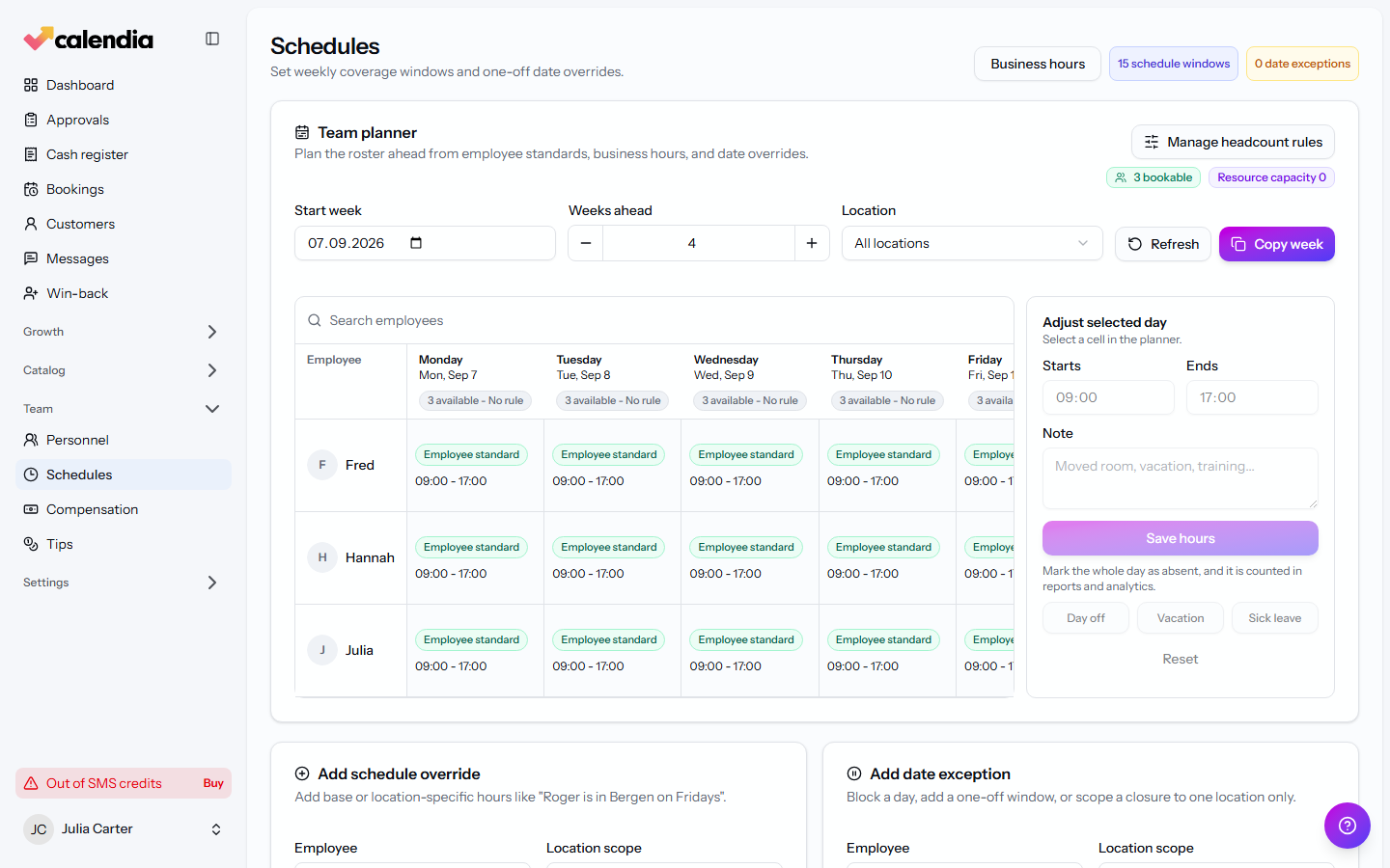 The Add date exception form with a vacation absence type selected.