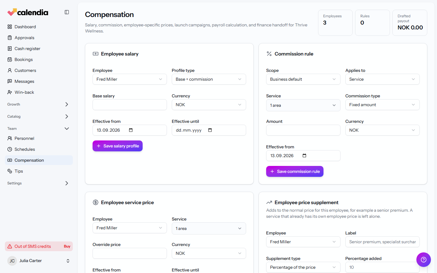 The Compensation page with the Employee service price and Employee price supplement forms.