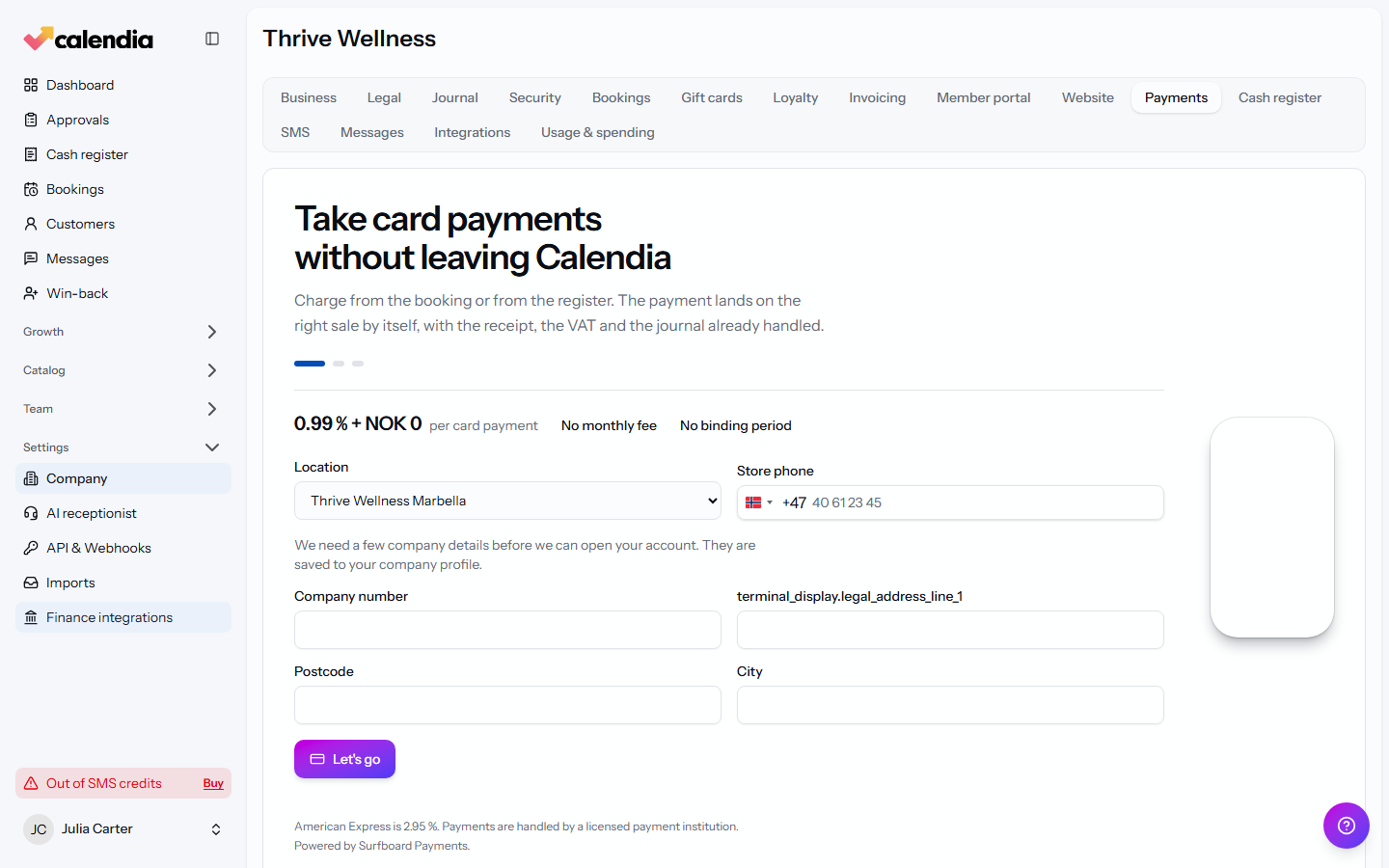 The Payments tab of Company settings, where terminal connection status is managed.